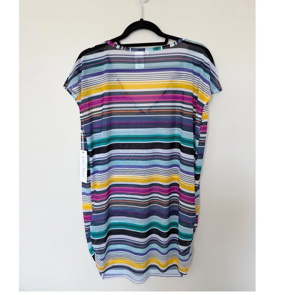 Anne Cole Multi Color Striped Mesh V-Neck‎ Swim Cover Up Dress Size M NEW